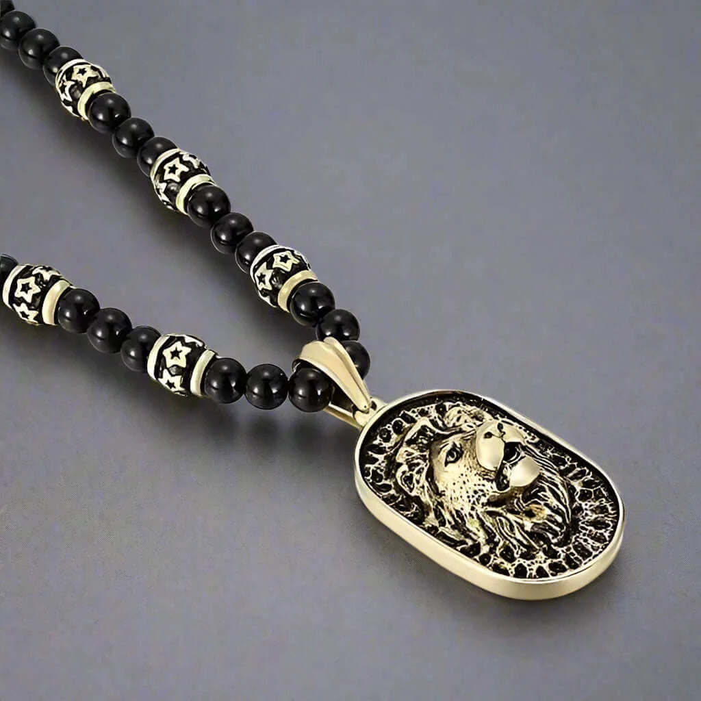 WARRIOR NECKWEAR - Pure Titanium Steel Lion Head Shield 18K Pvd Gold Plated Necklace with 8mm Black Onyx Beads 27inch Chain for Men & Boys - THE MEN THING