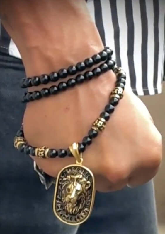 WARRIOR NECKWEAR - Pure Titanium Steel Lion Head Shield 18K Pvd Gold Plated Necklace with 8mm Black Onyx Beads 27inch Chain for Men & Boys - THE MEN THING