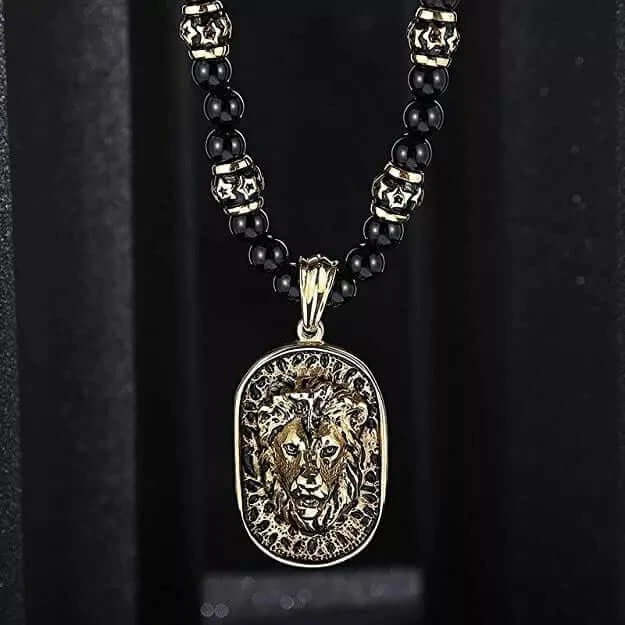 WARRIOR NECKWEAR - Pure Titanium Steel Lion Head Shield 18K Pvd Gold Plated Necklace with 8mm Black Onyx Beads 27inch Chain for Men & Boys - THE MEN THING