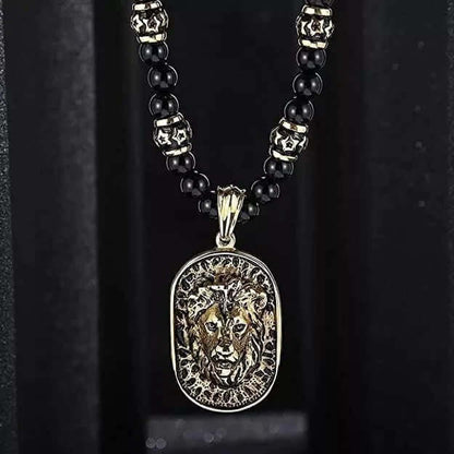 WARRIOR NECKWEAR - Pure Titanium Steel Lion Head Shield 18K Pvd Gold Plated Necklace with 8mm Black Onyx Beads 27inch Chain for Men & Boys - THE MEN THING