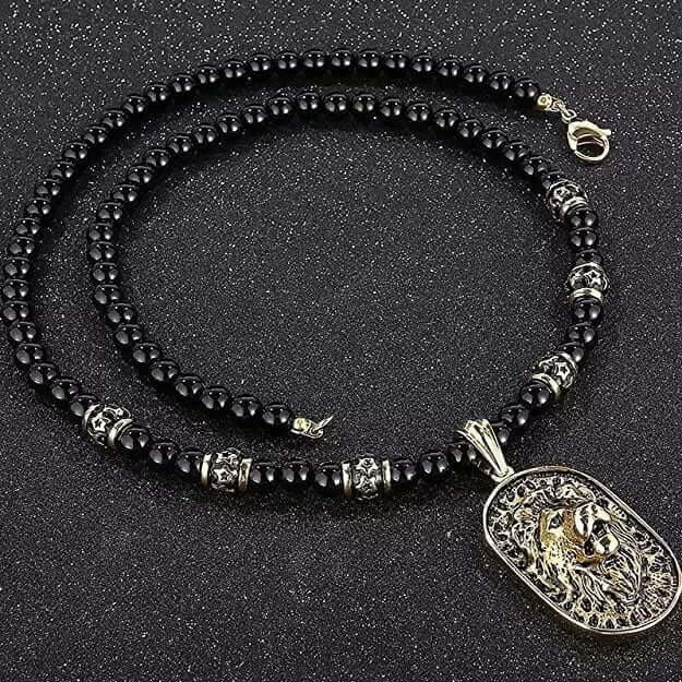 WARRIOR NECKWEAR - Pure Titanium Steel Lion Head Shield 18K Pvd Gold Plated Necklace with 8mm Black Onyx Beads 27inch Chain for Men & Boys - THE MEN THING