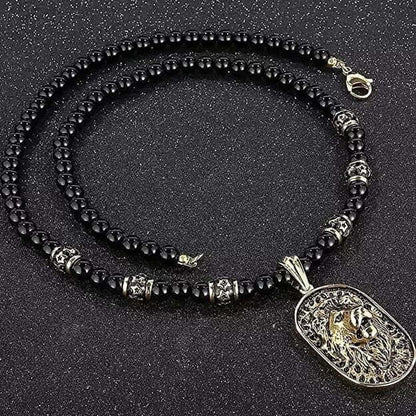 WARRIOR NECKWEAR - Pure Titanium Steel Lion Head Shield 18K Pvd Gold Plated Necklace with 8mm Black Onyx Beads 27inch Chain for Men & Boys - THE MEN THING