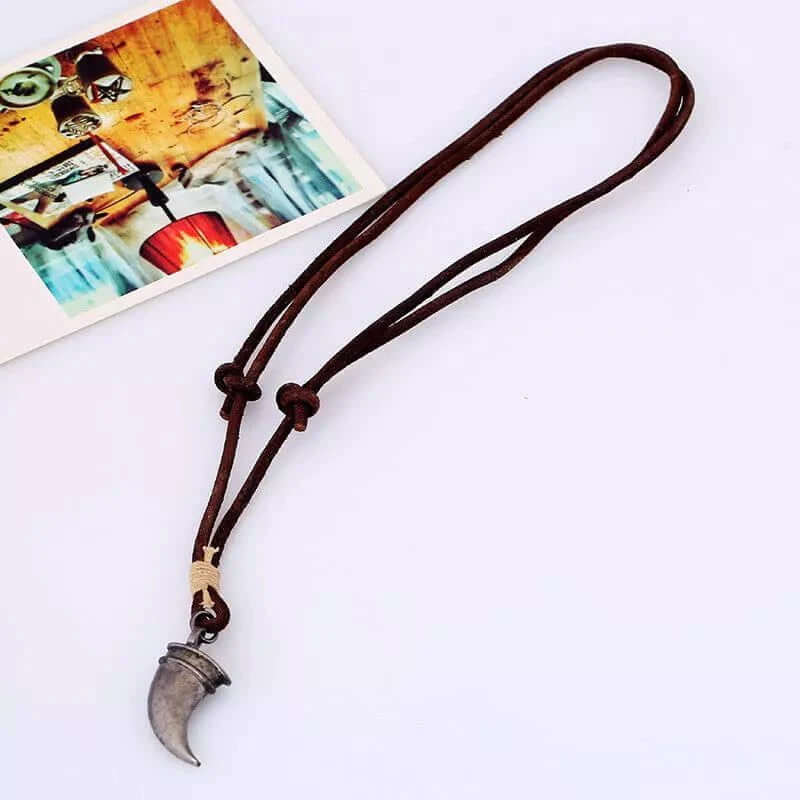 WARRIOR TOOTH BROWN - Vintage Alloy Claw Pendant with Adjustable Pure Leather Cord Necklace for Men & Boys — Leather Necklace for Men | THE MEN THING