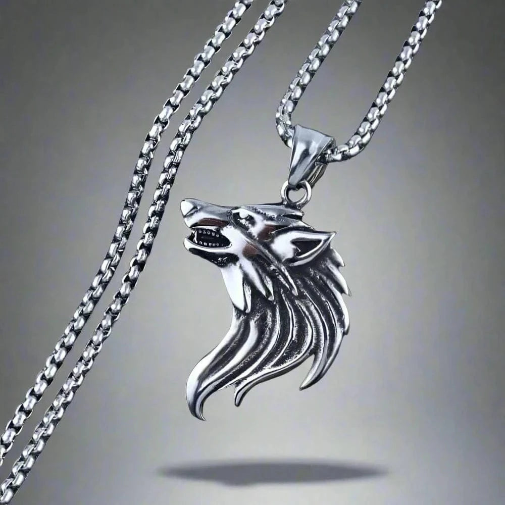 WATCHING WOLF - Alloy Pendant with Stainless Steel 24inch Round Box Chain, American trending Style for Men & Boy - THE MEN THING