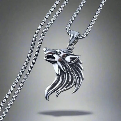 WATCHING WOLF - Alloy Pendant with Stainless Steel 24inch Round Box Chain, American trending Style for Men & Boy - THE MEN THING