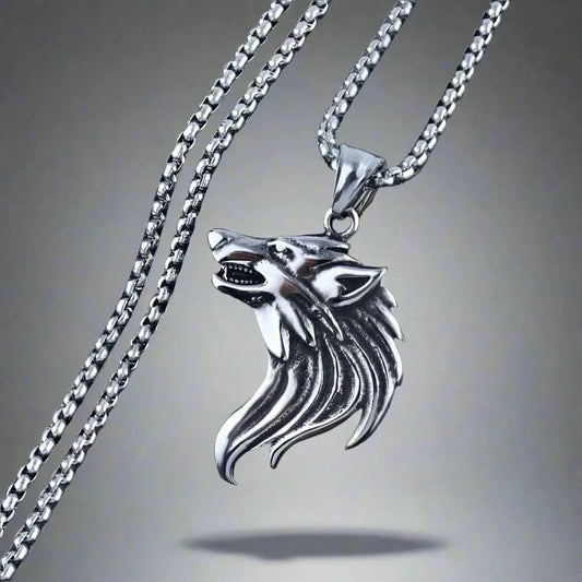 WATCHING WOLF - Alloy Pendant with Stainless Steel 24inch Round Box Chain, American trending Style for Men & Boy - THE MEN THING