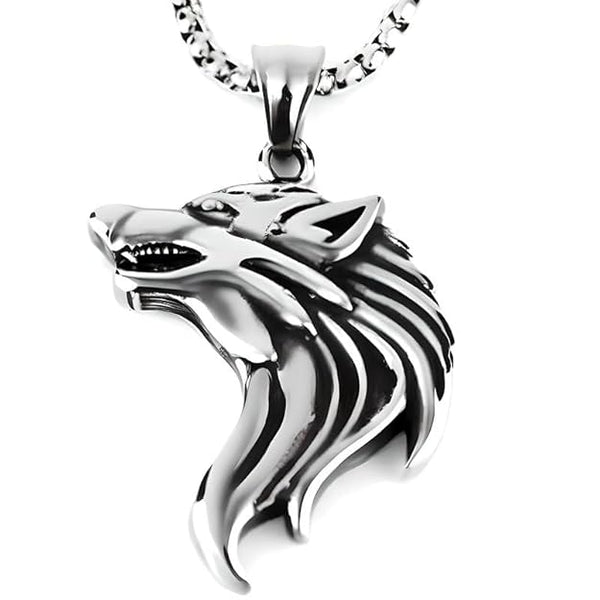 वॉचिंग वुल्फ - स्टेनलेस स्टील 24 इंच गोल बॉक्स चेन के साथ मिश्र धातु पेंडेंट, पुरुषों और लड़कों के लिए अमेरिकी ट्रेंडिंग स्टाइल
