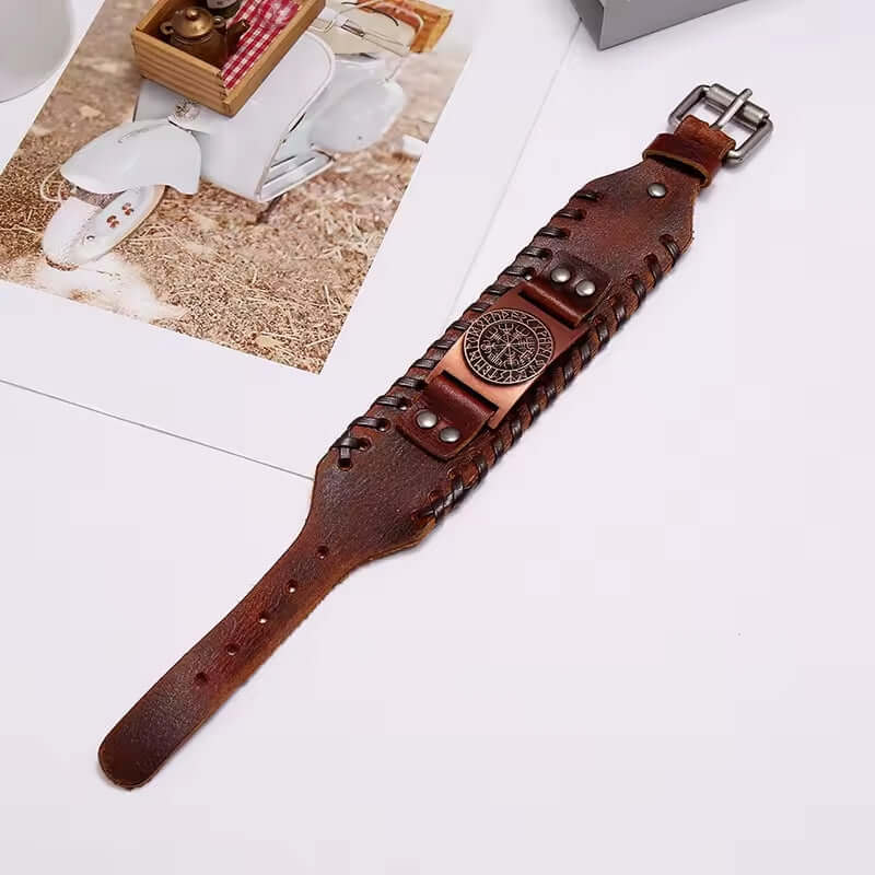 WAYFINDER VIKING BROWN - "38"mm Wide Genuine Leather Adjustable Cuff Bracelet with Stainless Steel Hook for Men & Boys — Leather Bracelet for Men | THE MEN THING