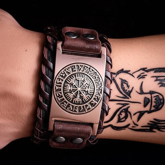 WAYFINDER VIKING BROWN - "38"mm Wide Genuine Leather Adjustable Cuff Bracelet with Stainless Steel Hook for Men & Boys - THE MEN THING