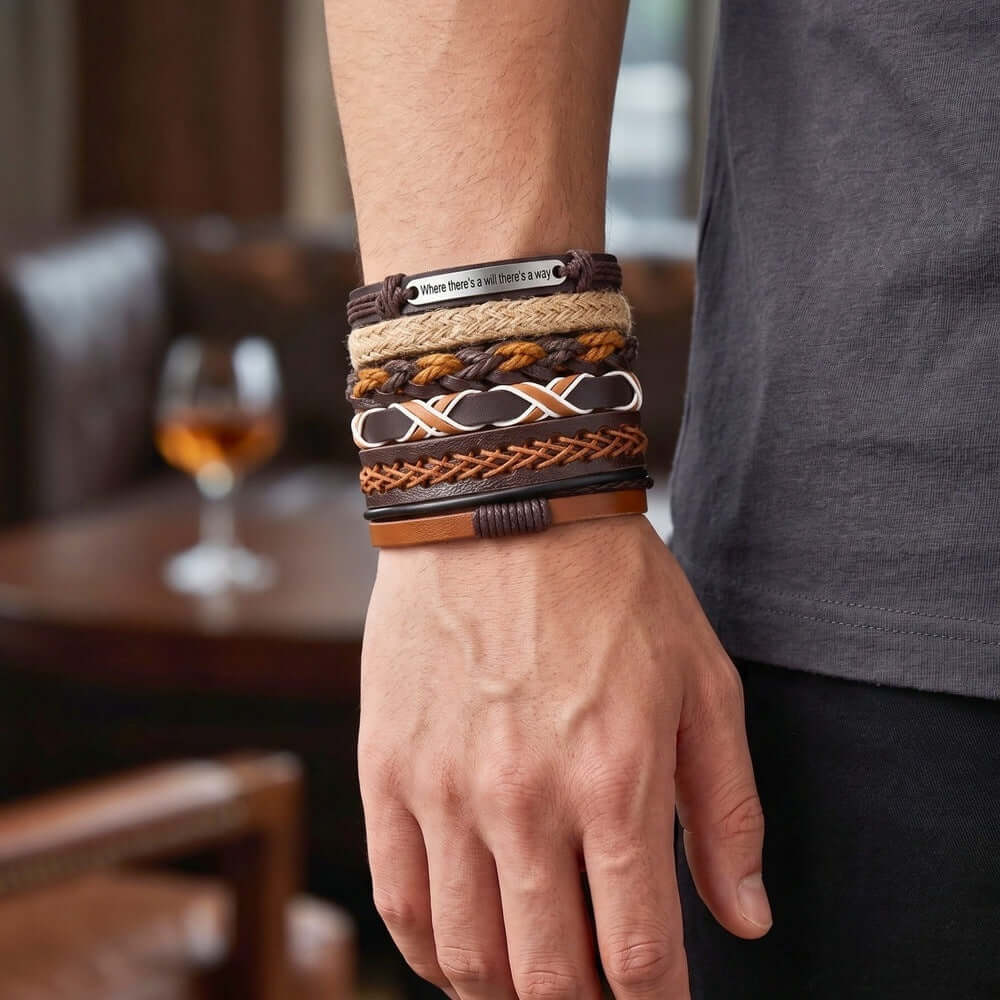 WAYMAKER STACK - 6 Pcs Genuine Leather Adjustable Bracelet for Men & Boys - THE MEN THING