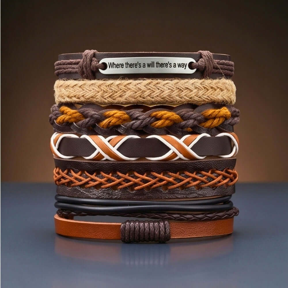 WAYMAKER STACK - 6 Pcs Genuine Leather Adjustable Bracelet for Men & Boys - THE MEN THING