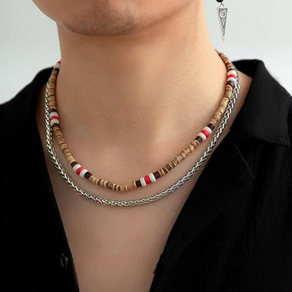 WENGE WOOD MULTI-LAYERED -  Natural Wood Beaded Necklace with Twisted Steel Link Chain for Mens & Boys (22 and 24 inch with adjustable cable chain) - THE MEN THING