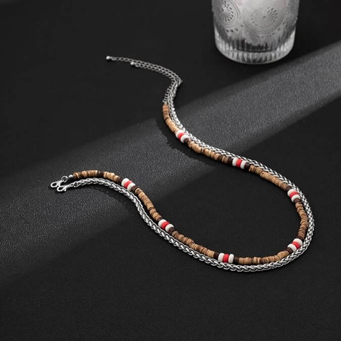 WENGE WOOD MULTI-LAYERED -  Natural Wood Beaded Necklace with Twisted Steel Link Chain for Mens & Boys (22 and 24 inch with adjustable cable chain) - THE MEN THING
