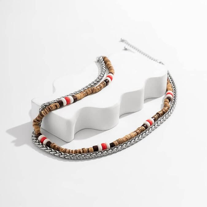 WENGE WOOD MULTI-LAYERED -  Natural Wood Beaded Necklace with Twisted Steel Link Chain for Mens & Boys (22 and 24 inch with adjustable cable chain) - THE MEN THING