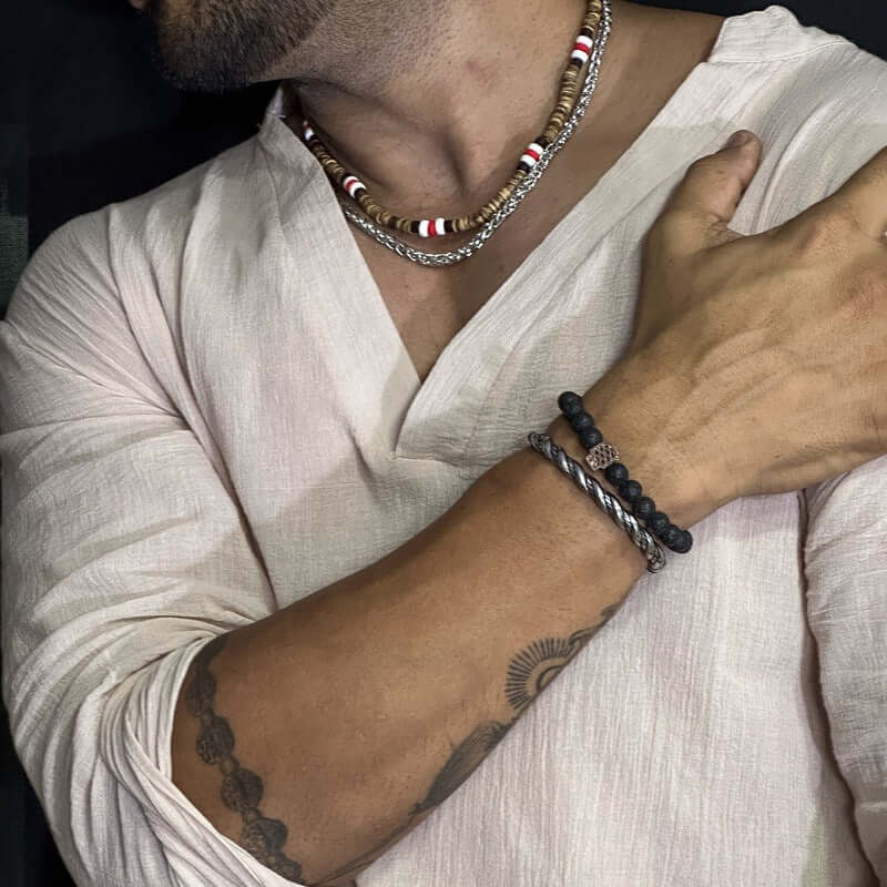 WENGE WOOD MULTI-LAYERED -  Natural Wood Beaded Necklace with Twisted Steel Link Chain for Mens & Boys (22 and 24 inch with adjustable cable chain) - THE MEN THING