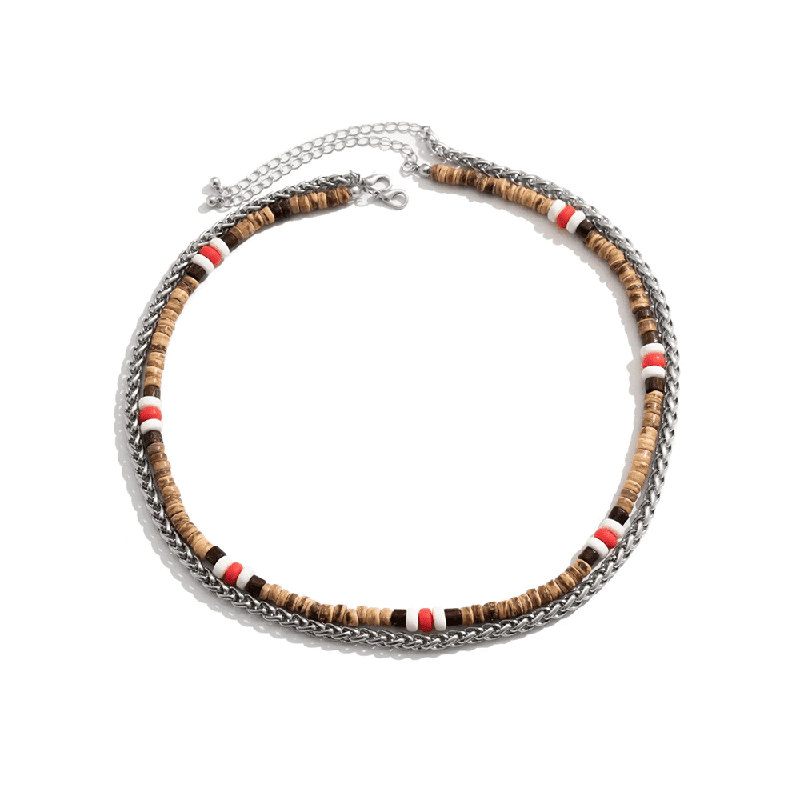 WENGE WOOD MULTI-LAYERED -  Natural Wood Beaded Necklace with Twisted Steel Link Chain for Mens & Boys (22 and 24 inch with adjustable cable chain) - THE MEN THING