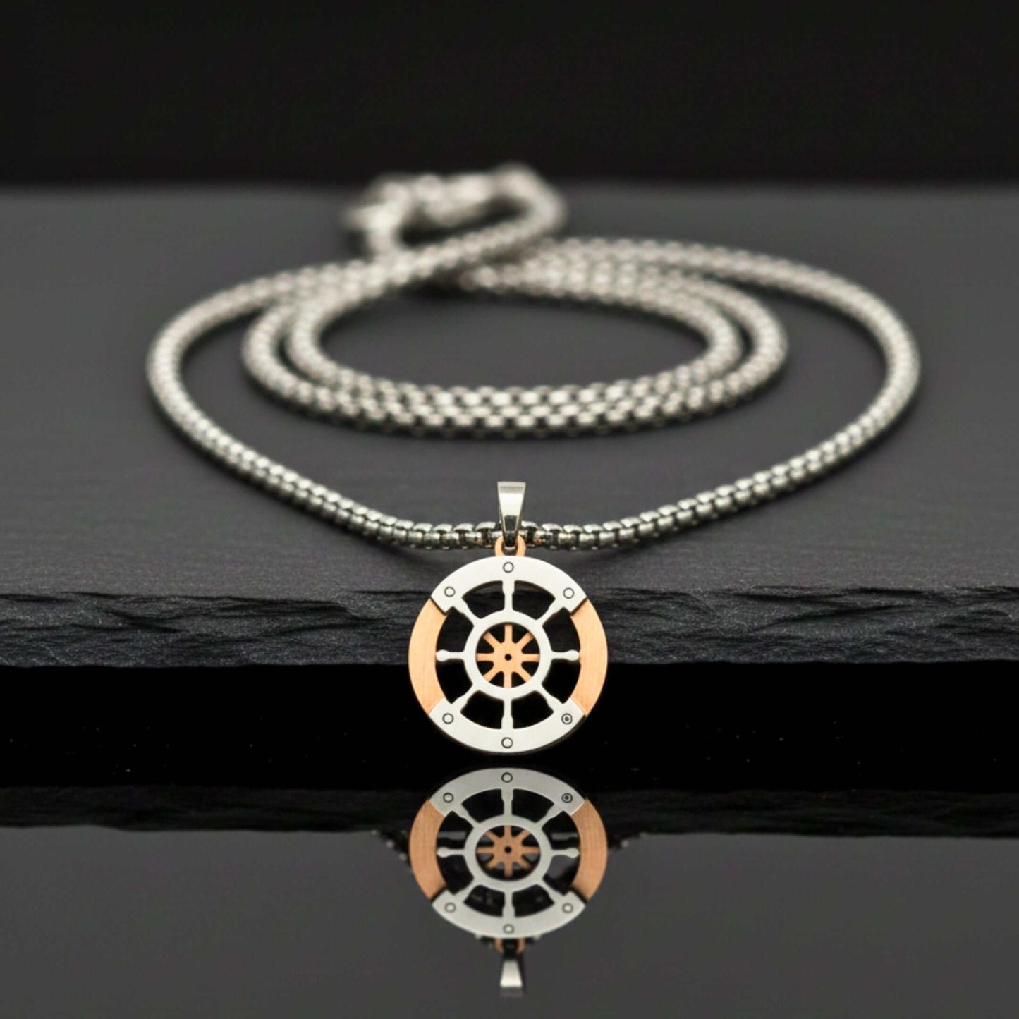 WHEEL OF VALOR - 20mm Titanium Steel Pendant with 20inch Round Box 3mm Chain for Men & Boys — SS Pendant/ Necklace for Men | THE MEN THING