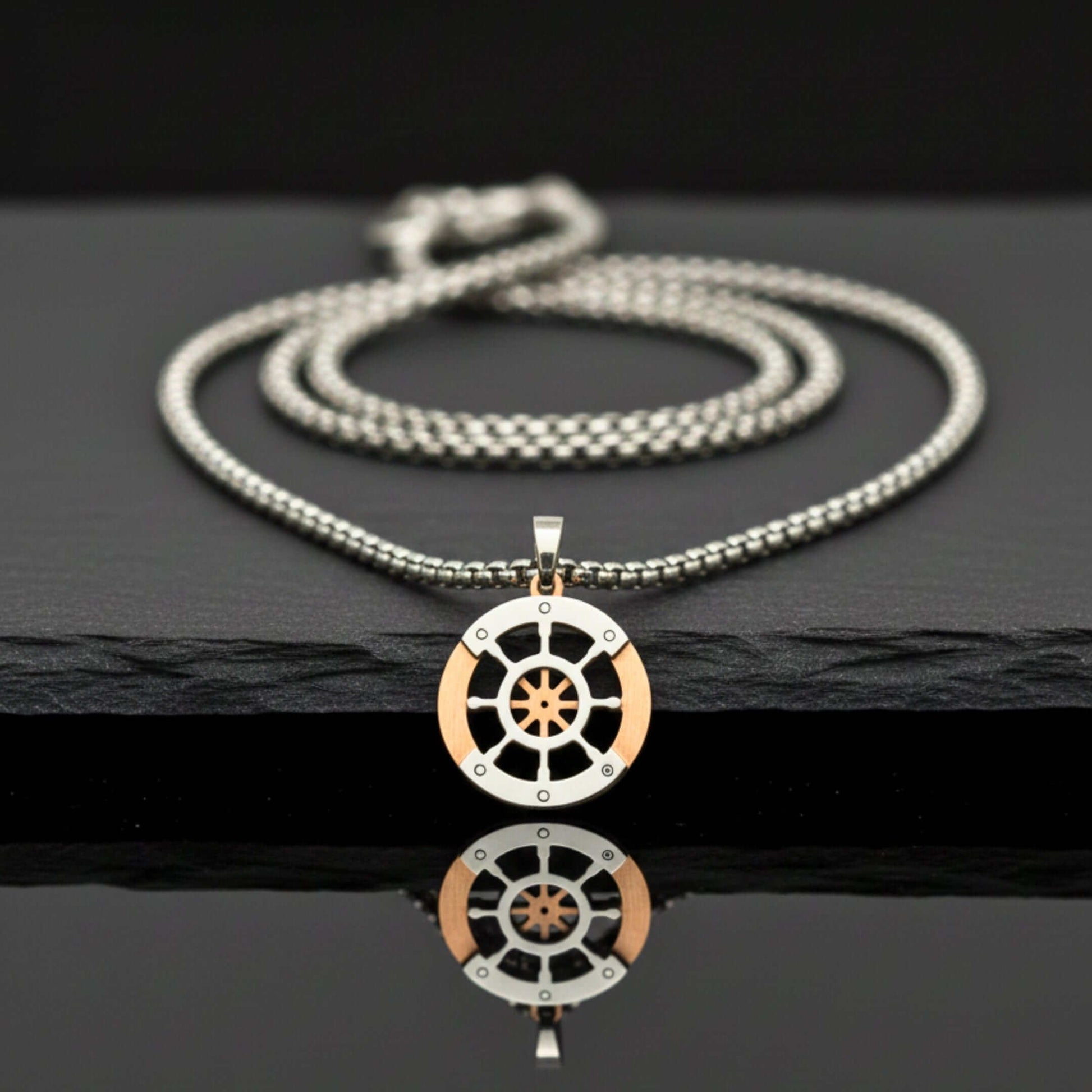 WHEEL OF VALOR - 20mm Titanium Steel Pendant with 20inch Round Box 3mm Chain for Men & Boys — SS Pendant/ Necklace for Men | THE MEN THING