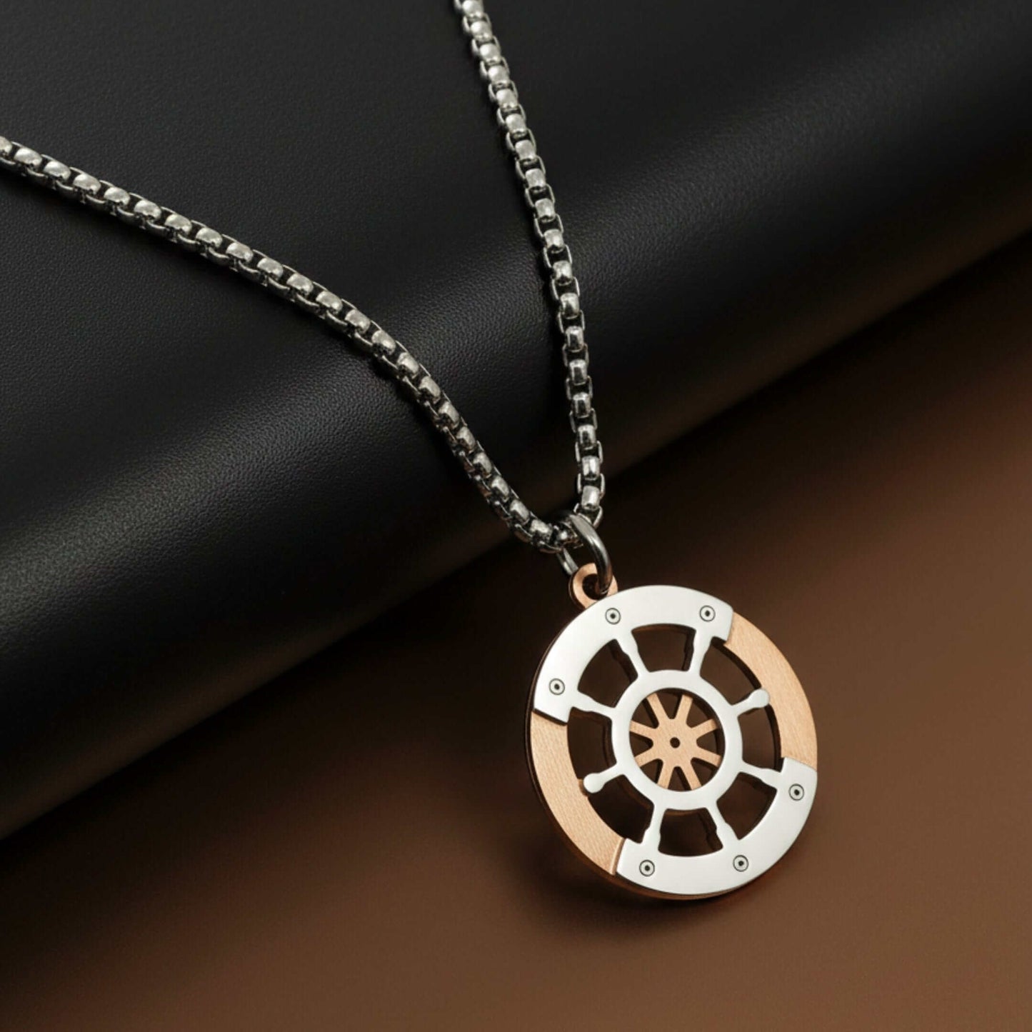 WHEEL OF VALOR - 20mm Titanium Steel Pendant with 20inch Round Box 3mm Chain for Men & Boys — SS Pendant/ Necklace for Men | THE MEN THING