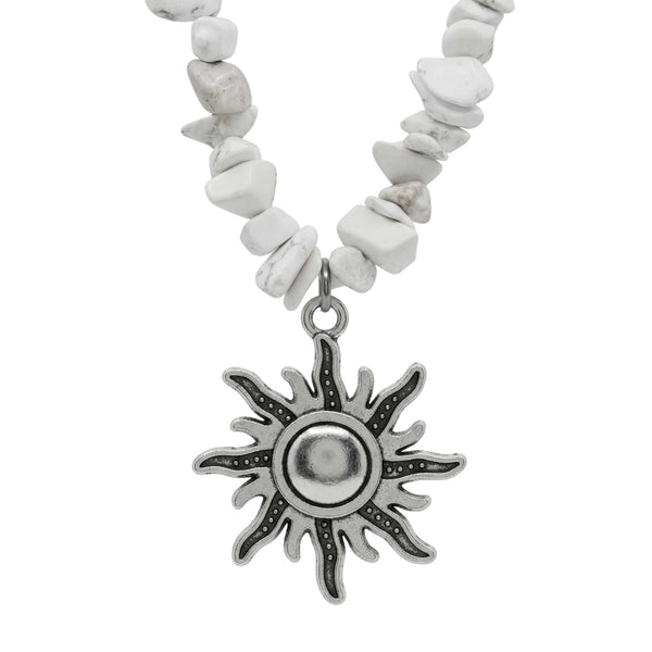 WHITE AURA SUN - 26mm Pendant with 17 to 19inch Adjustable Howlite Chip Beaded Necklace for Men and Boys