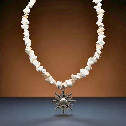 WHITE AURA SUN - 26mm Pendant with 17 to 19inch Adjustable Howlite Chip Beaded Necklace for Men and Boys - THE MEN THING