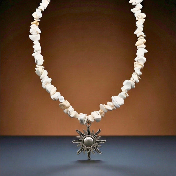WHITE AURA SUN - 26mm Pendant with 17 to 19inch Adjustable Howlite Chip Beaded Necklace for Men and Boys