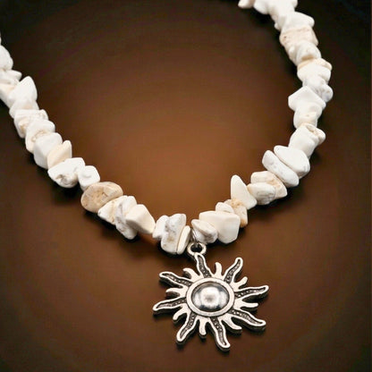 WHITE AURA SUN - 26mm Pendant with 17 to 19inch Adjustable Howlite Chip Beaded Necklace for Men and Boys - THE MEN THING