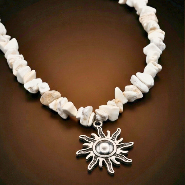 WHITE AURA SUN - 26mm Pendant with 17 to 19inch Adjustable Howlite Chip Beaded Necklace for Men and Boys