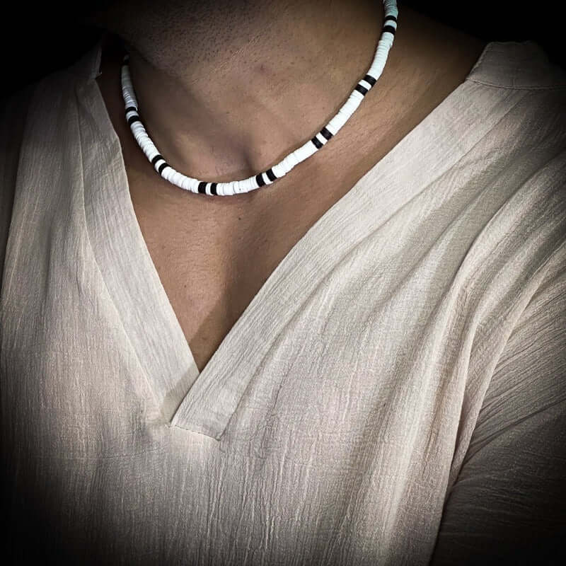 WHITE EARTHY APPEAL - Beaded Necklace - Black & White Beaded Necklace for Men & Boys (20 inch with adjustable cable chain) - THE MEN THING