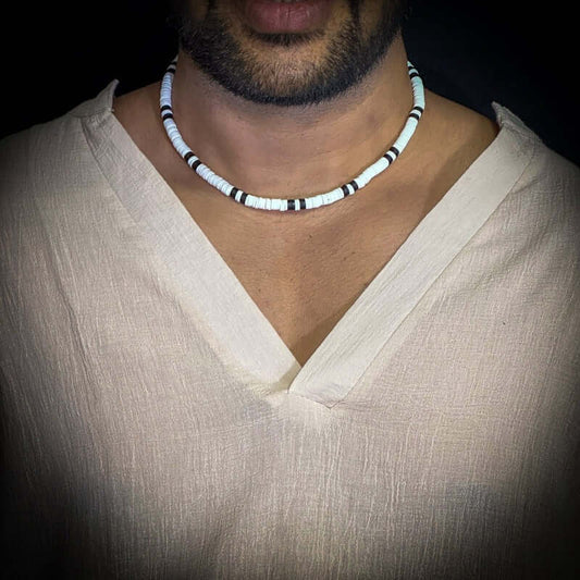 WHITE EARTHY APPEAL - Beaded Necklace - Black & White Beaded Necklace for Men & Boys (20 inch with adjustable cable chain) - THE MEN THING
