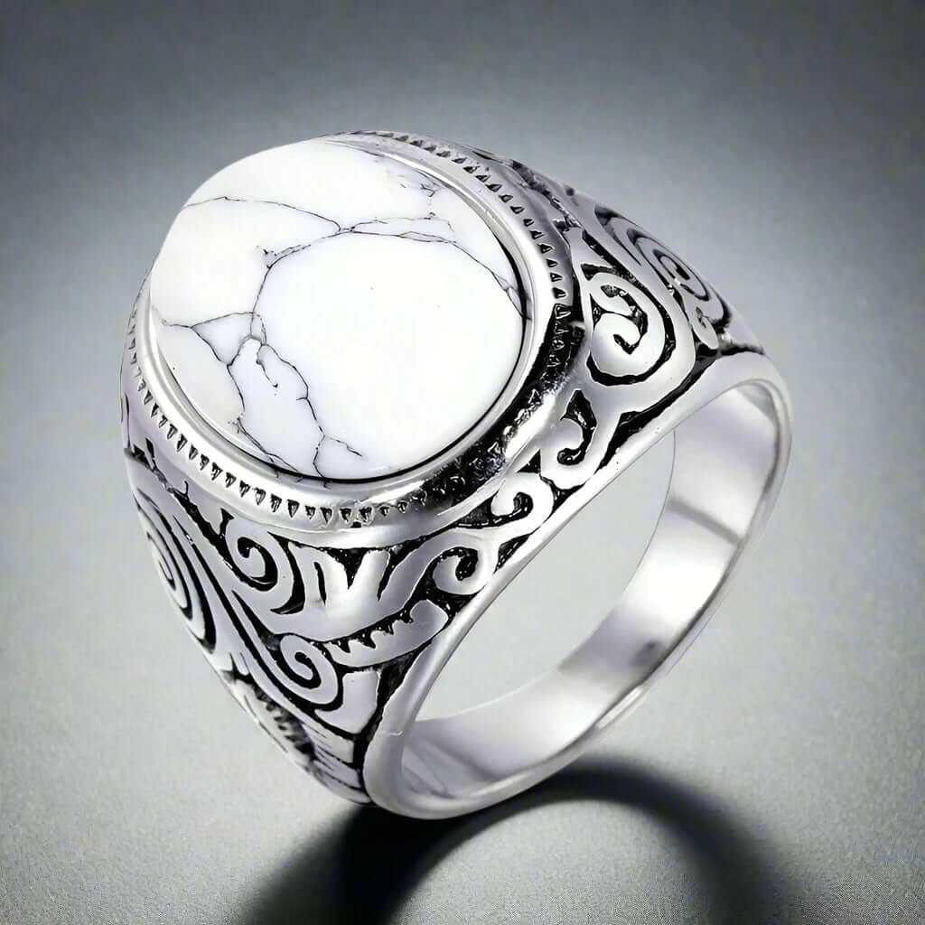 WHITE WHISPER - Titanium Steel Vintage Ring with White Stone (Size, 17-21- 24) - THE MEN THING