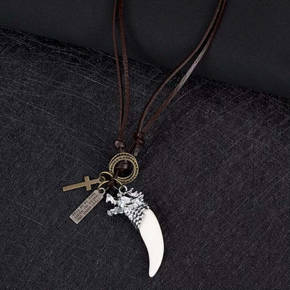 WHITE WOLF TOOTH -  Leather Necklace for Men - Vintage  Pendant with Adjustable Pure Leather Cord Necklace for Men & Boys - THE MEN THING
