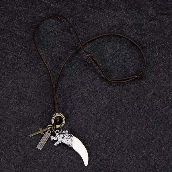 WHITE WOLF TOOTH -  Leather Necklace for Men - Vintage  Pendant with Adjustable Pure Leather Cord Necklace for Men & Boys