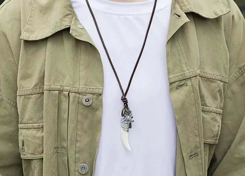 WHITE WOLF TOOTH -  Leather Necklace for Men - Vintage  Pendant with Adjustable Pure Leather Cord Necklace for Men & Boys - THE MEN THING