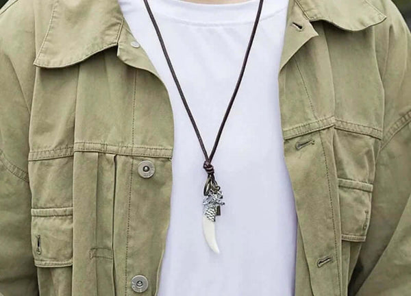 WHITE WOLF TOOTH -  Leather Necklace for Men - Vintage  Pendant with Adjustable Pure Leather Cord Necklace for Men & Boys