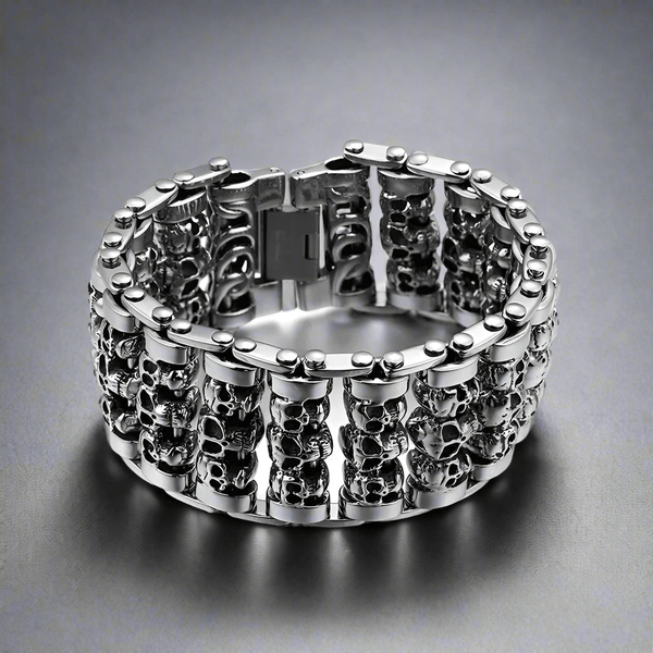 WIDE SKULL - 32mm Pure Titanium Steel Bracelet, Heavy Biker Bracelet for Men & Boy (8inch)