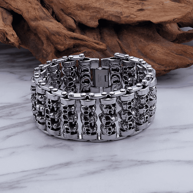 WIDE SKULL - 32mm Pure Titanium Steel Bracelet, Heavy Biker Bracelet for Men & Boy (8inch) - THE MEN THING