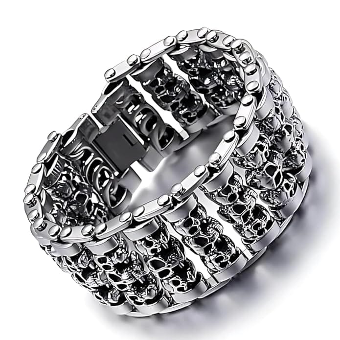WIDE SKULL - 32mm Pure Titanium Steel Bracelet, Heavy Biker Bracelet for Men & Boy (8inch) - THE MEN THING