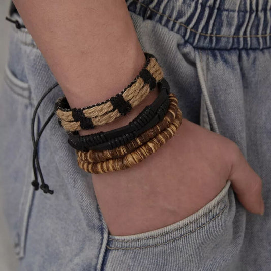 WILDERNESS BAND -  4 Pcs Genuine Braided Leather Bracelet Set for Men & Boys (8 inch) - THE MEN THING