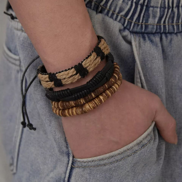 WILDERNESS BAND -  4 Pcs Genuine Braided Leather Bracelet Set for Men & Boys (8 inch)