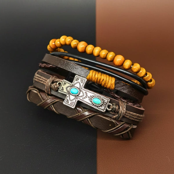 WILDSOUL FAITH - 4 Pcs Genuine Leather Adjustable Bracelet Set for Men & Boys (8 inch)