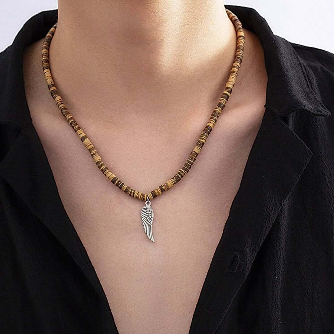 WILDWOOD BOHO - Wooden Bead with Feather Pendant Men's Necklace for Men and Boys (24 Inch) - THE MEN THING
