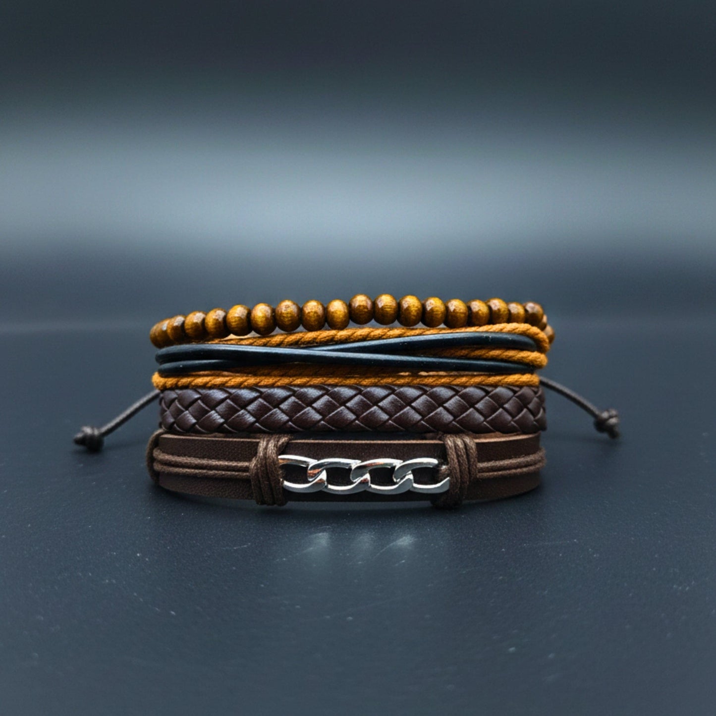 WILDWOOD CHAINSTACK - 4 Pcs Genuine Leather Adjustable Bracelet Set for Men & Boys (8 inch) - THE MEN THING