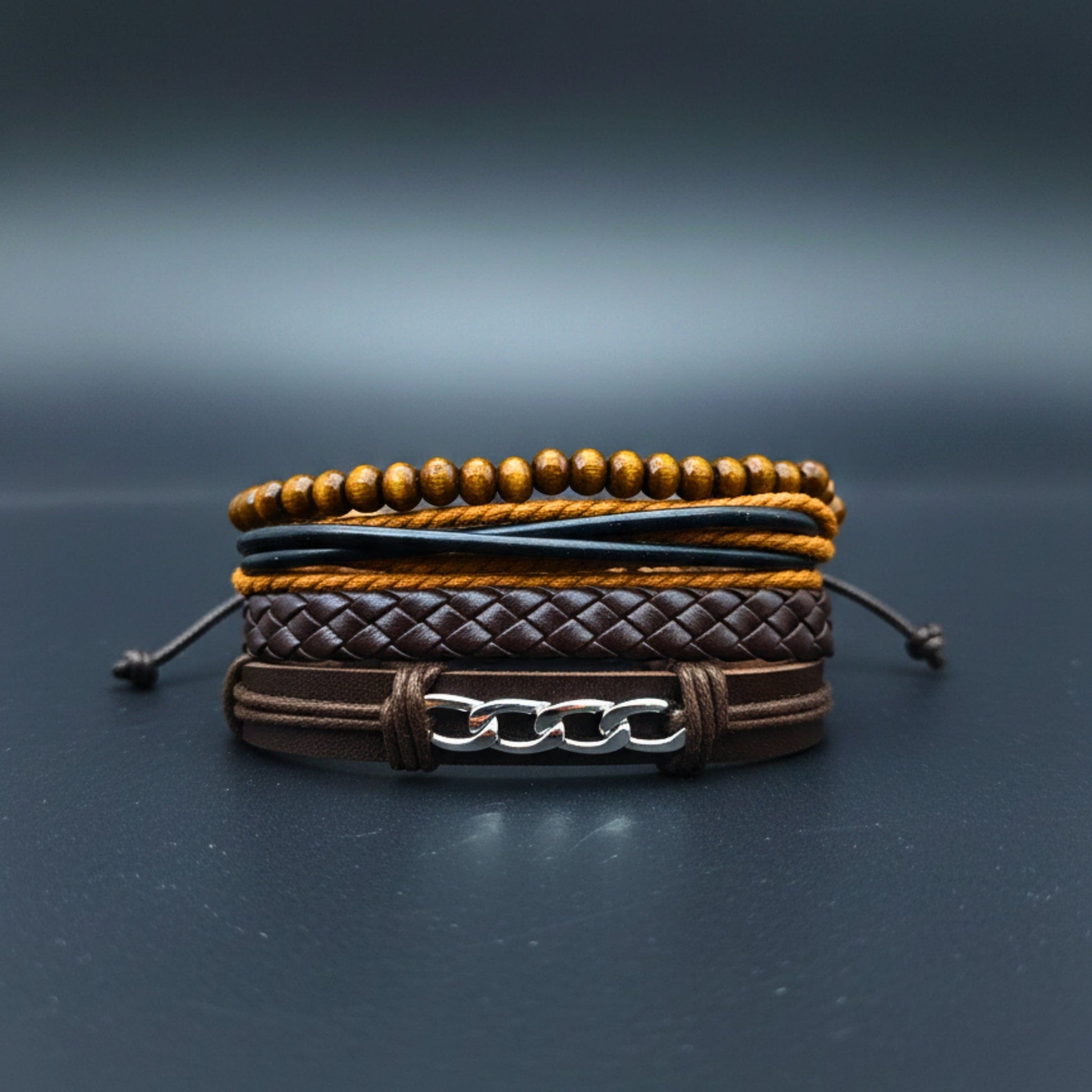 WILDWOOD CHAINSTACK - 4 Pcs Genuine Leather Adjustable Bracelet Set for Men & Boys (8 inch) - THE MEN THING