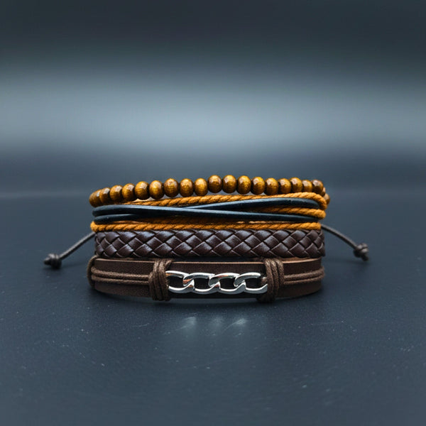 WILDWOOD CHAINSTACK - 4 Pcs Genuine Leather Adjustable Bracelet Set for Men & Boys (8 inch)