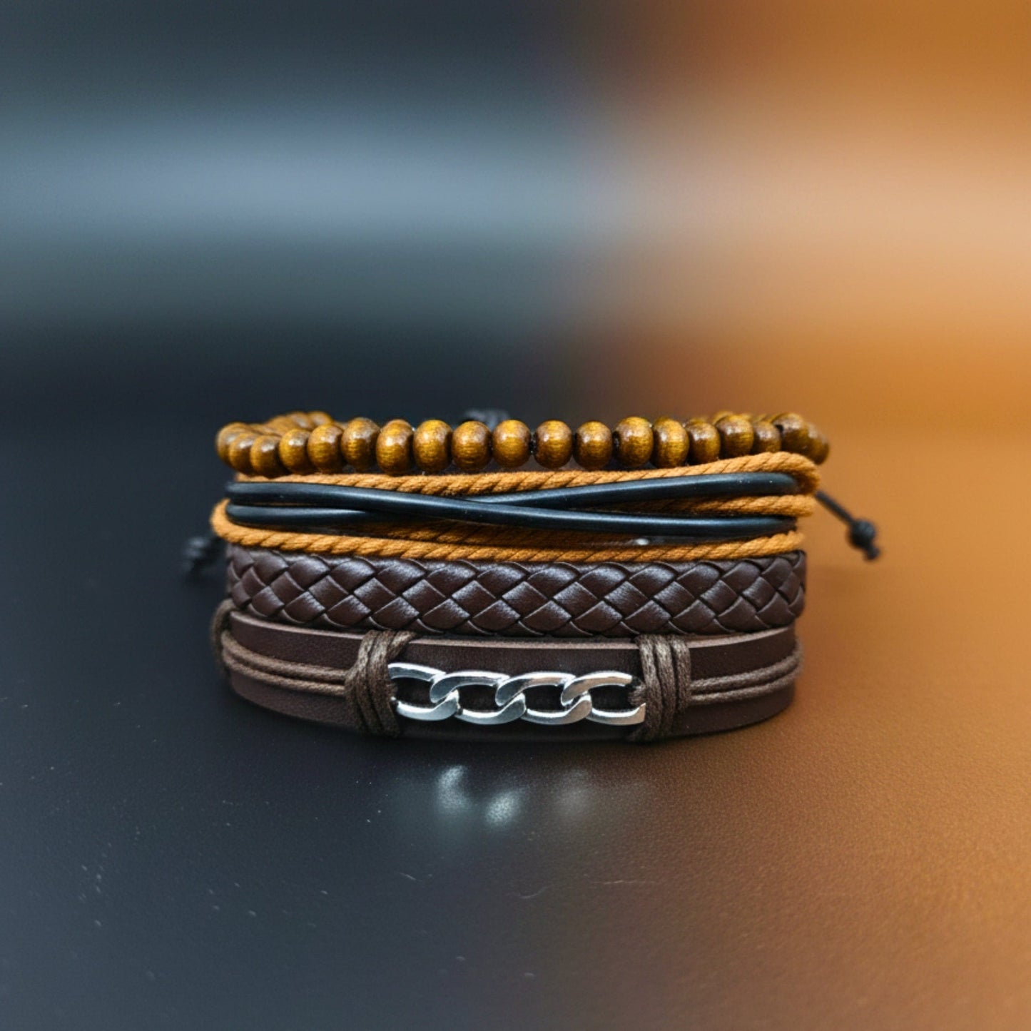 WILDWOOD CHAINSTACK - 4 Pcs Genuine Leather Adjustable Bracelet Set for Men & Boys (8 inch) - THE MEN THING