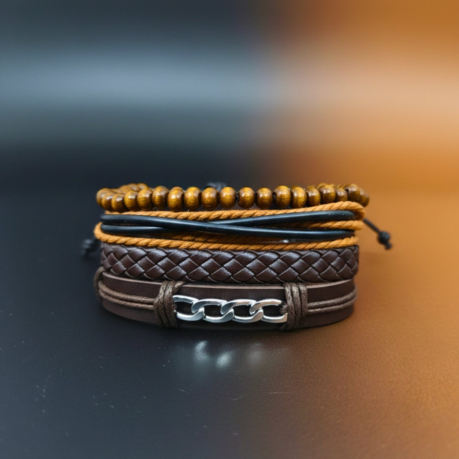 WILDWOOD CHAINSTACK - 4 Pcs Genuine Leather Adjustable Bracelet Set for Men & Boys (8 inch) - THE MEN THING