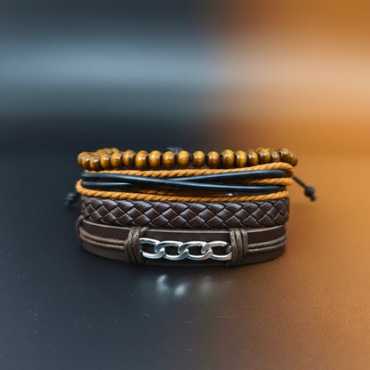 WILDWOOD CHAINSTACK - 4 Pcs Genuine Leather Adjustable Bracelet Set for Men & Boys (8 inch) - THE MEN THING