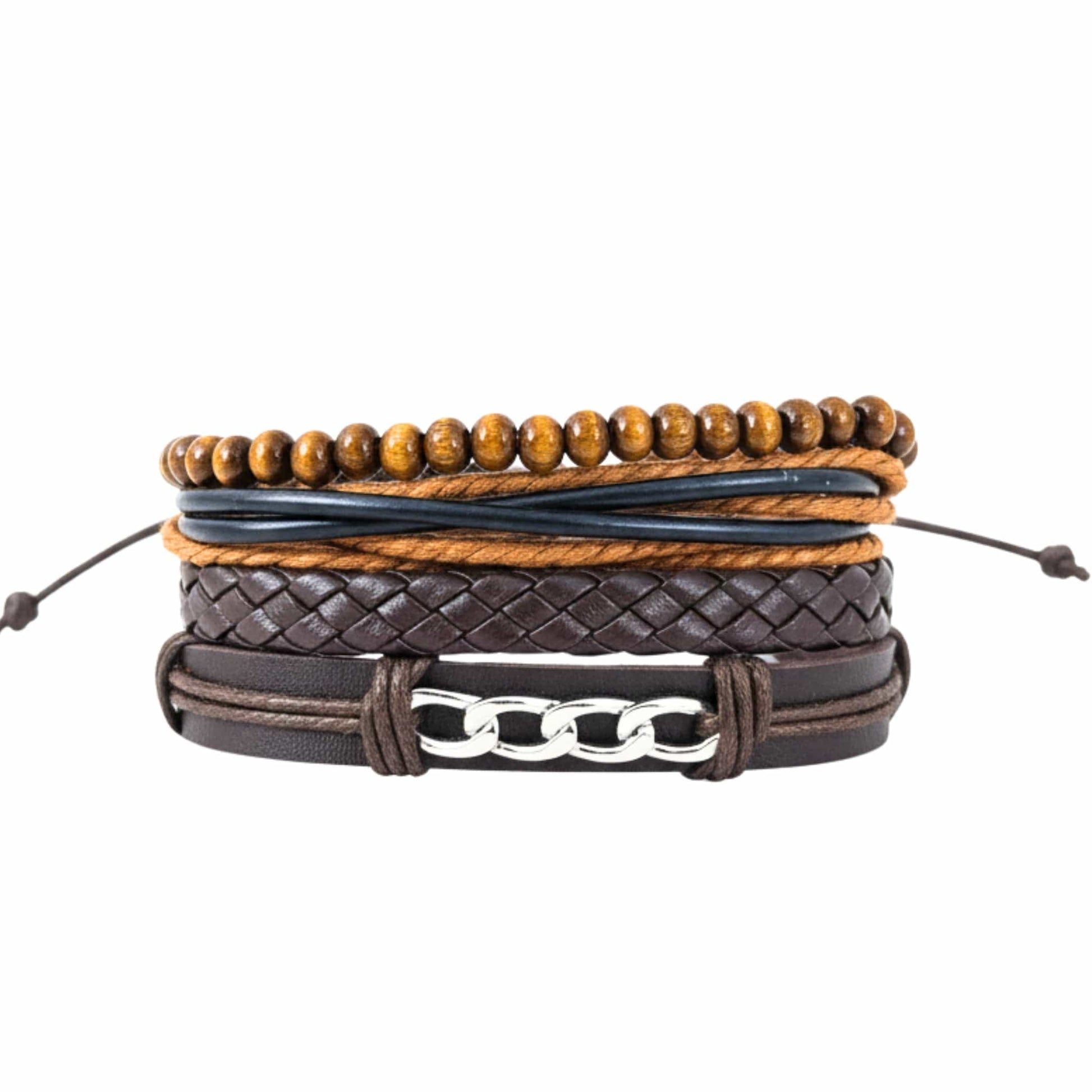 WILDWOOD CHAINSTACK - 4 Pcs Genuine Leather Adjustable Bracelet Set for Men & Boys (8 inch) - THE MEN THING