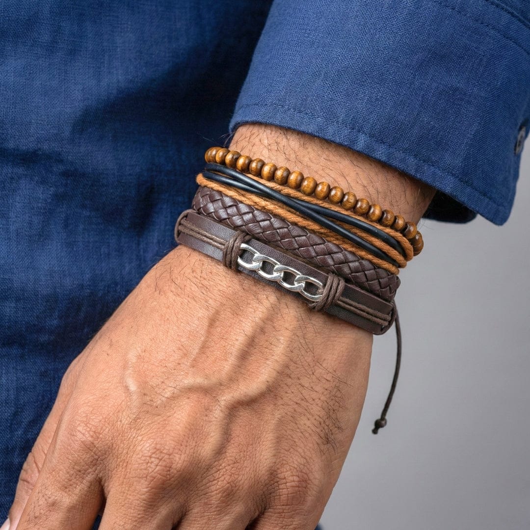 WILDWOOD CHAINSTACK - 4 Pcs Genuine Leather Adjustable Bracelet Set for Men & Boys (8 inch) - THE MEN THING